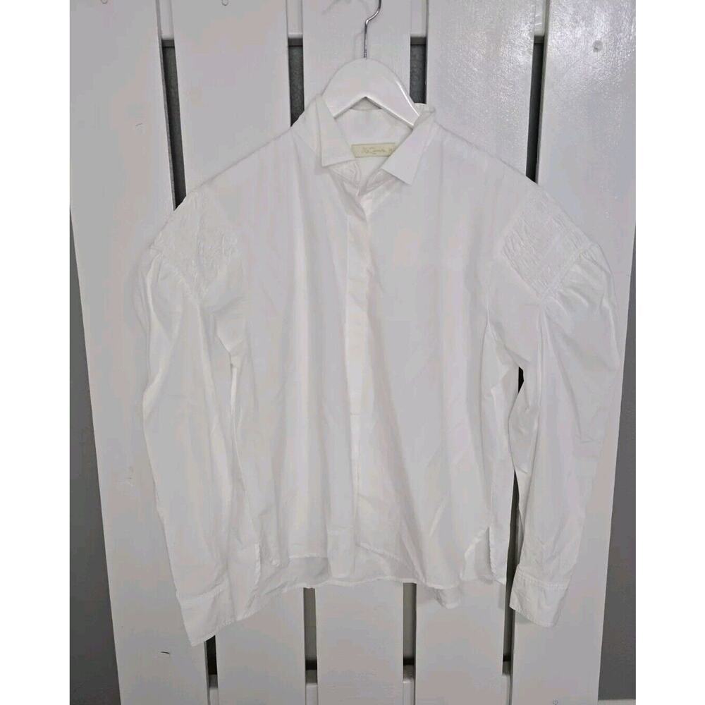 Mes Demoiselles British White Cotton Blouse 38 Medium Puff Ruched Sleeve Chic